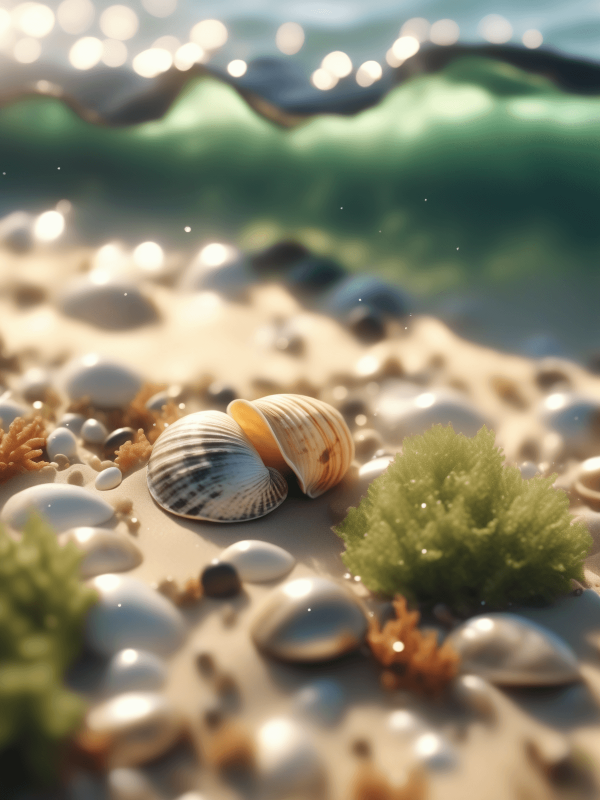 AI generated: 200 mm macro lens photo of sea bed, sand and pebbles under most beautiful stormy waves, sea shells a...