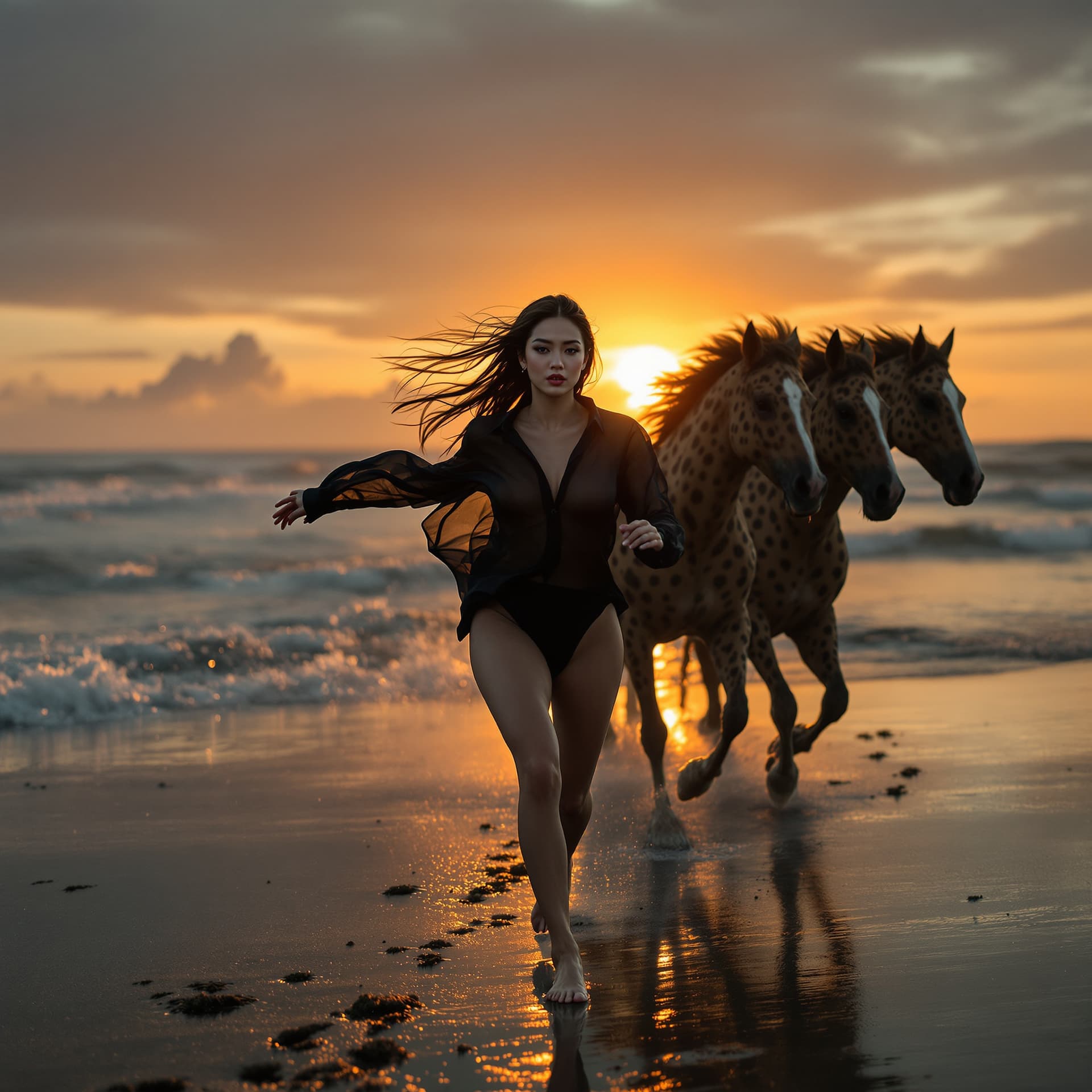 AI generated: High-resolution fashion editorial photograph of a breathtaking, voluptuous, athletic Asian woman run...