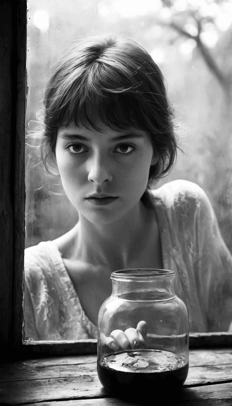 AI generated: black and white photography in style by Bruce Davidson, fashion editorial, dark haired woman looking...