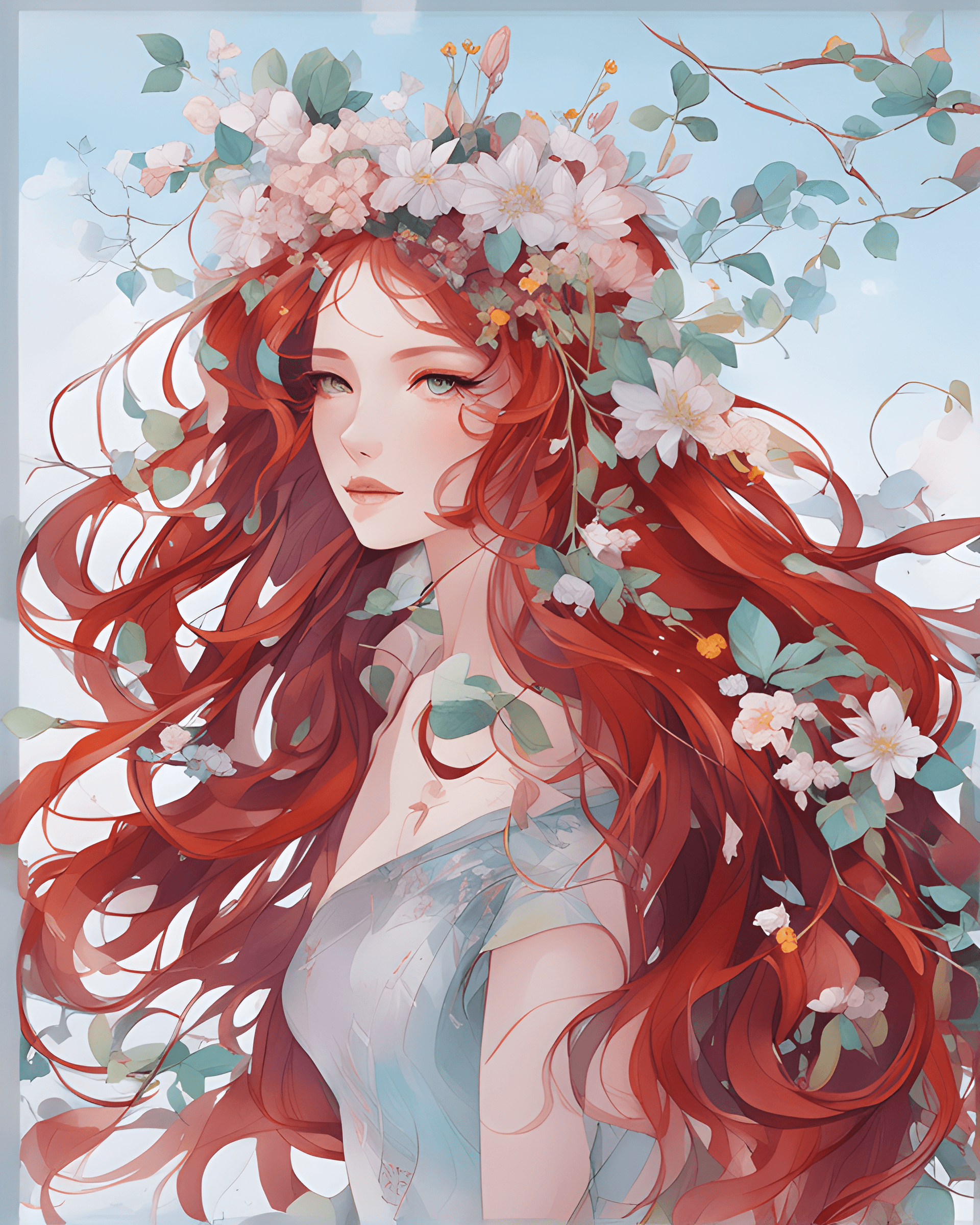 AI generated: a close up of a woman with long red hair and flowers in her hair, beautiful anime art style, beautif...