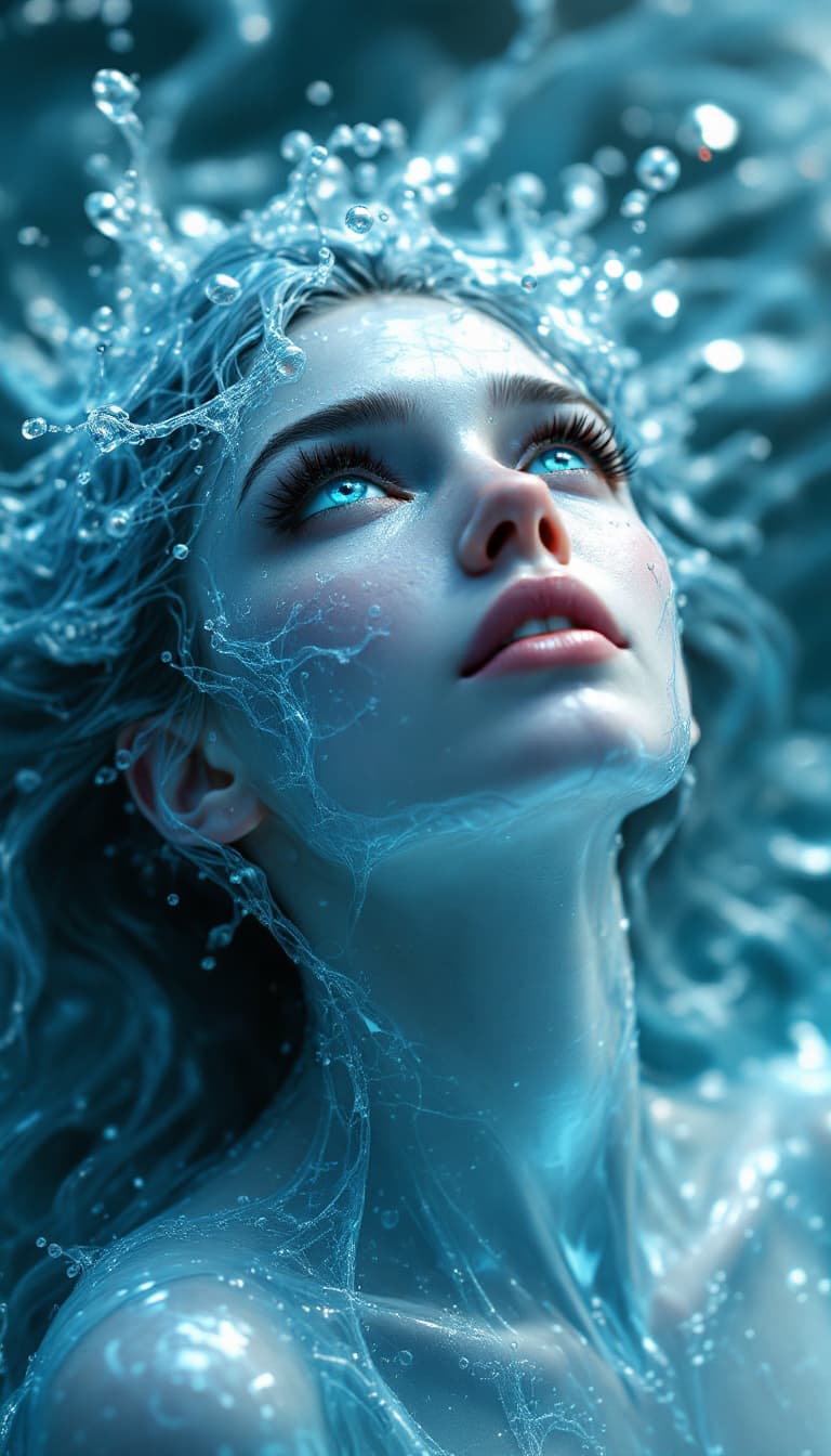 AI generated: Beautiful water Goddess (NSFW:1.2), full body, realistic water hair, water skin, looking up, extreme...