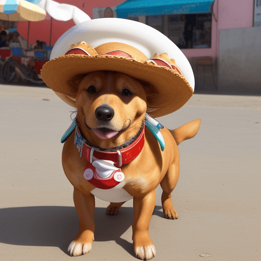 AI generated: perro salchicha gordo bachicha toma solcito en la esquina del mar tiene sombrero de marinero y en ve...