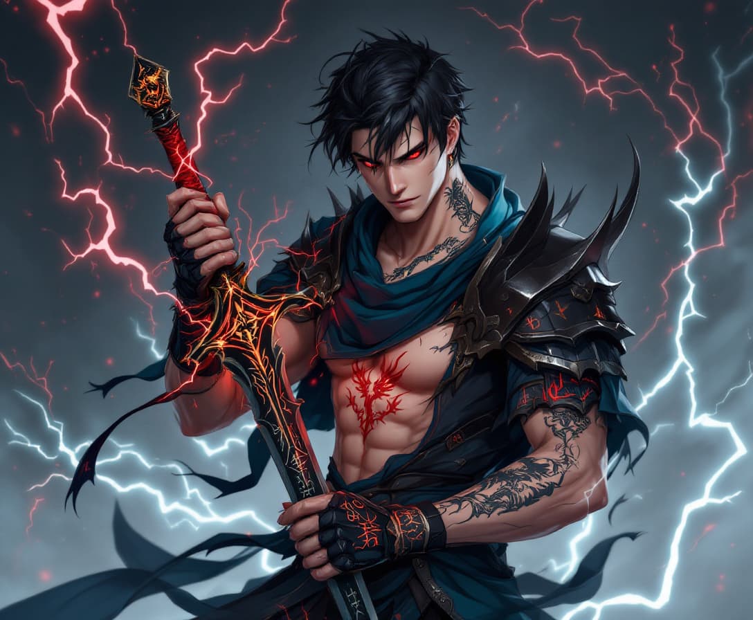 AI generated: a man with light skin, short black hair, black armor with blue fabric, and a black sword with a red ...