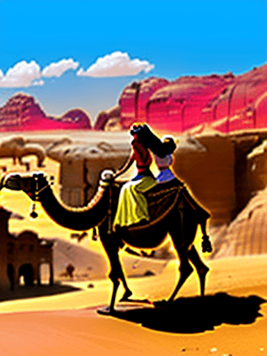 AI generated: Two ladies from provided picture riding camels in Petra, Jordan
Depicted as cartoon characters, fri...