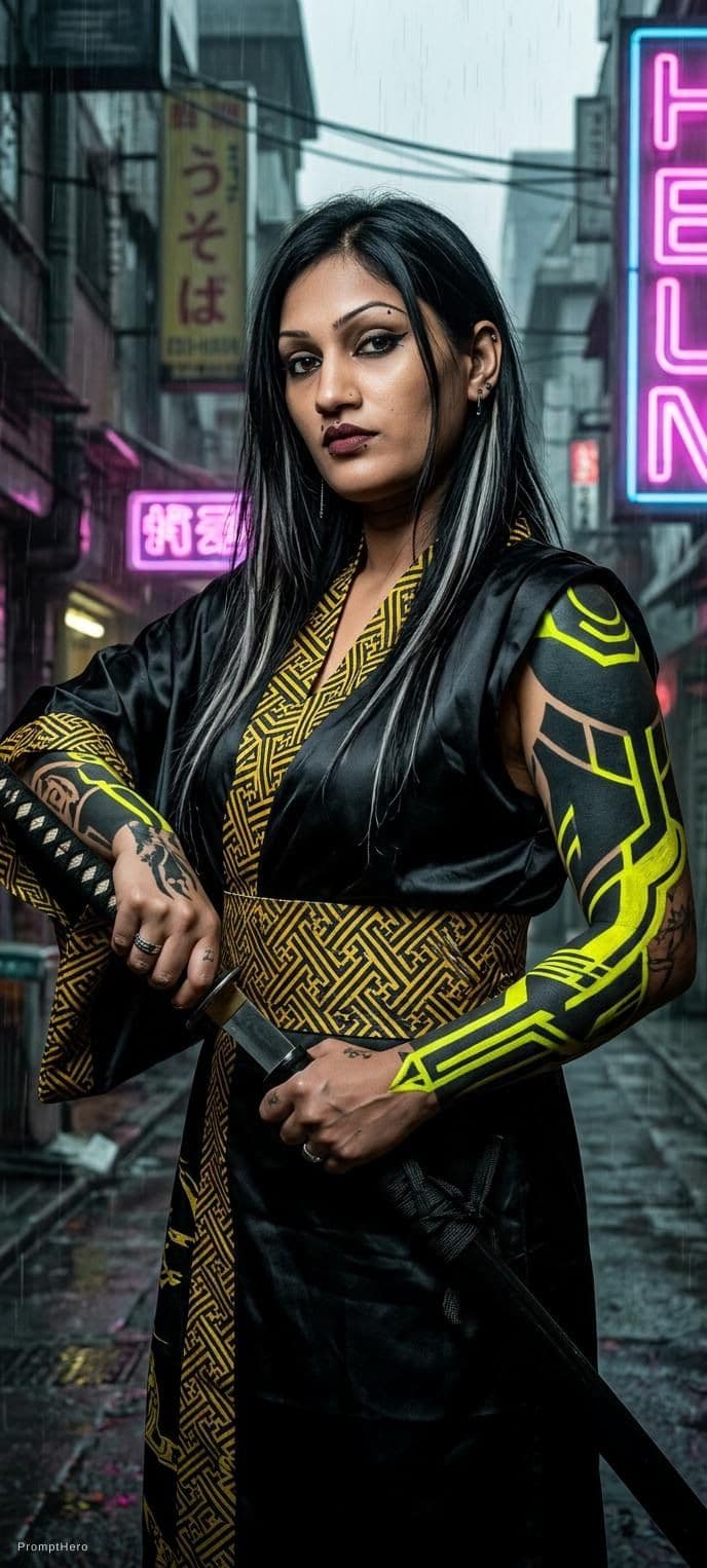 AI generated: Editorial Vivienne Tam photography of a gothic punk rebel Japanese [woman] with neon yellow and blac...
