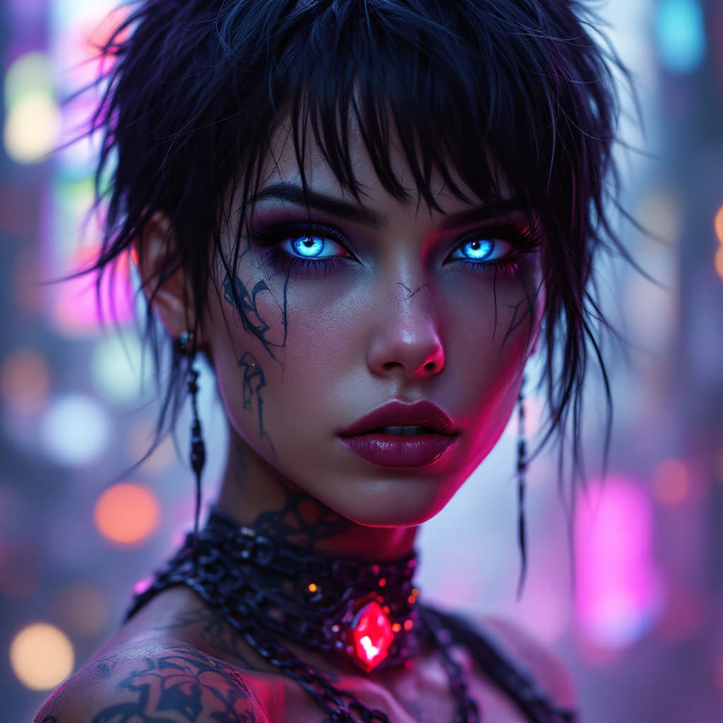 AI generated: A stunning close-up portrait of a mysterious cyberpunk warrior woman with glowing blue eyes, short m...