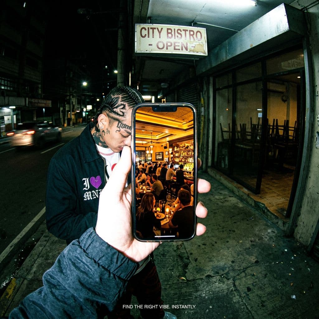 AI generated: urban restaurant exterior at night, harsh direct flash photography, gritty candid street scene

a pe...