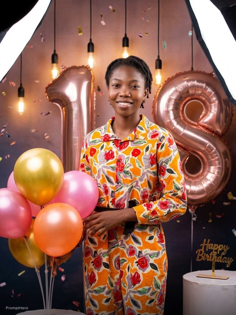 AI generated: Birthday Studio Photo Shoot for an 18 year old girl. Don't tone, edit or change her face.