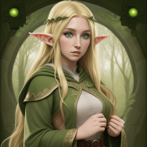 AI generated: young, blonde, green eyed,  female, elf druid rug character