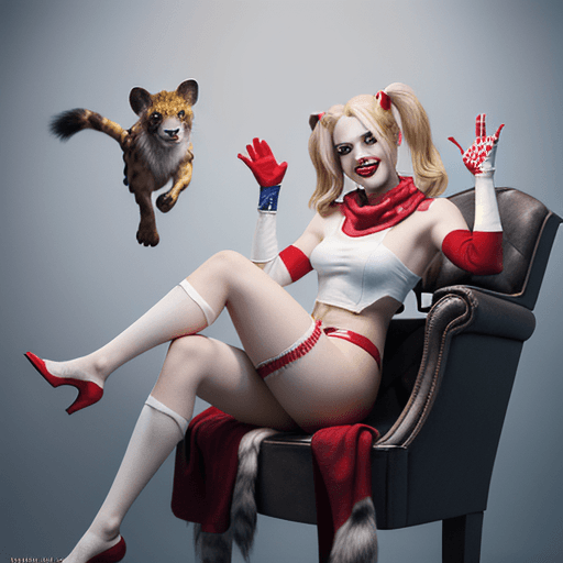 AI generated: A Full Body photo shot of Classic Harley Quinn, sitting on her throne chair, smile (happy), beauty, ...