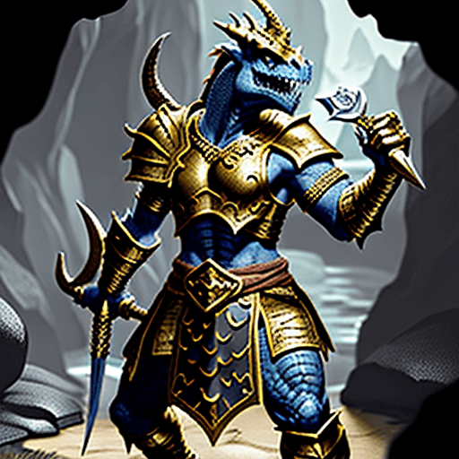 AI generated: A dungeons and dragons gold dragonborn holding a two handed glaive outside a cave