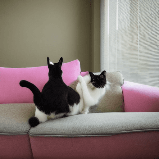 AI generated: Pixar style, two cats lounging comfortably on a couch. The dominant color in the image is a soothing...