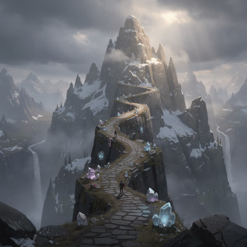 AI generated: genera una imagen de una montaña estilo fantasía como en un videojuego y que la cámara sea a mitad d...