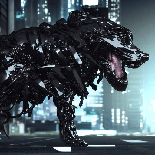 AI generated: octane render of cyberpunk dog designed by Tsutomu nihei --v 4