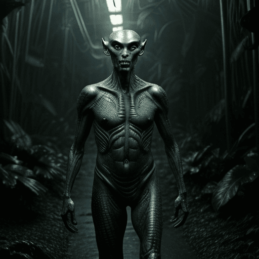 AI generated: masterpiece, a creepy scary alien creature with alien skin and clothing, with a damp and steamy high...
