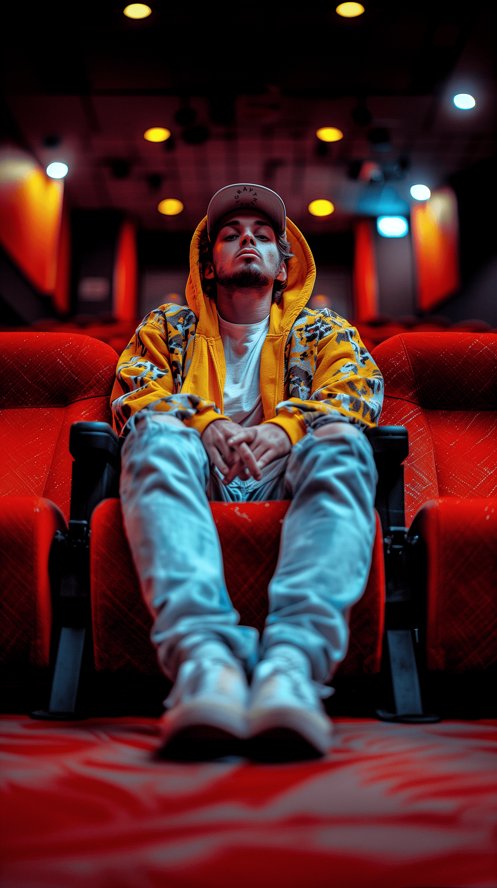AI generated: photography, front view, long distance shot, professional man model lounges across the seats in a li...