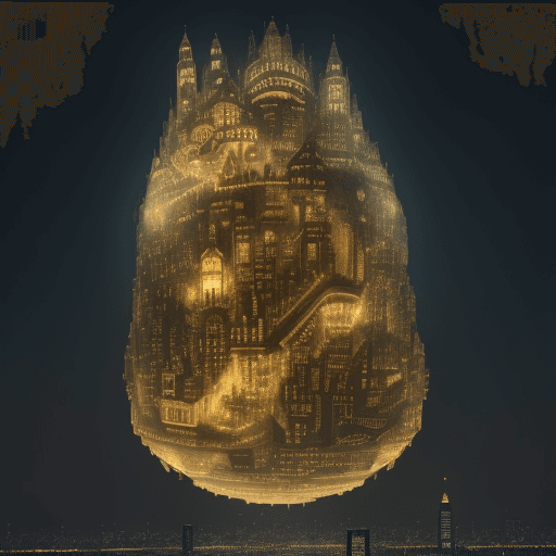 AI generated: floating city, illuminated, large, many people
