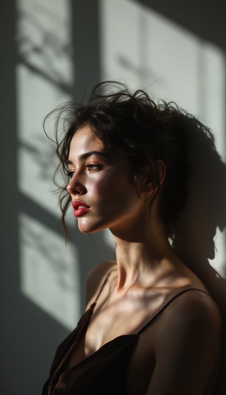 AI generated: high-resolution photograph, woman, stunning use of shadows, in the syle of crisp lines and forms,  U...