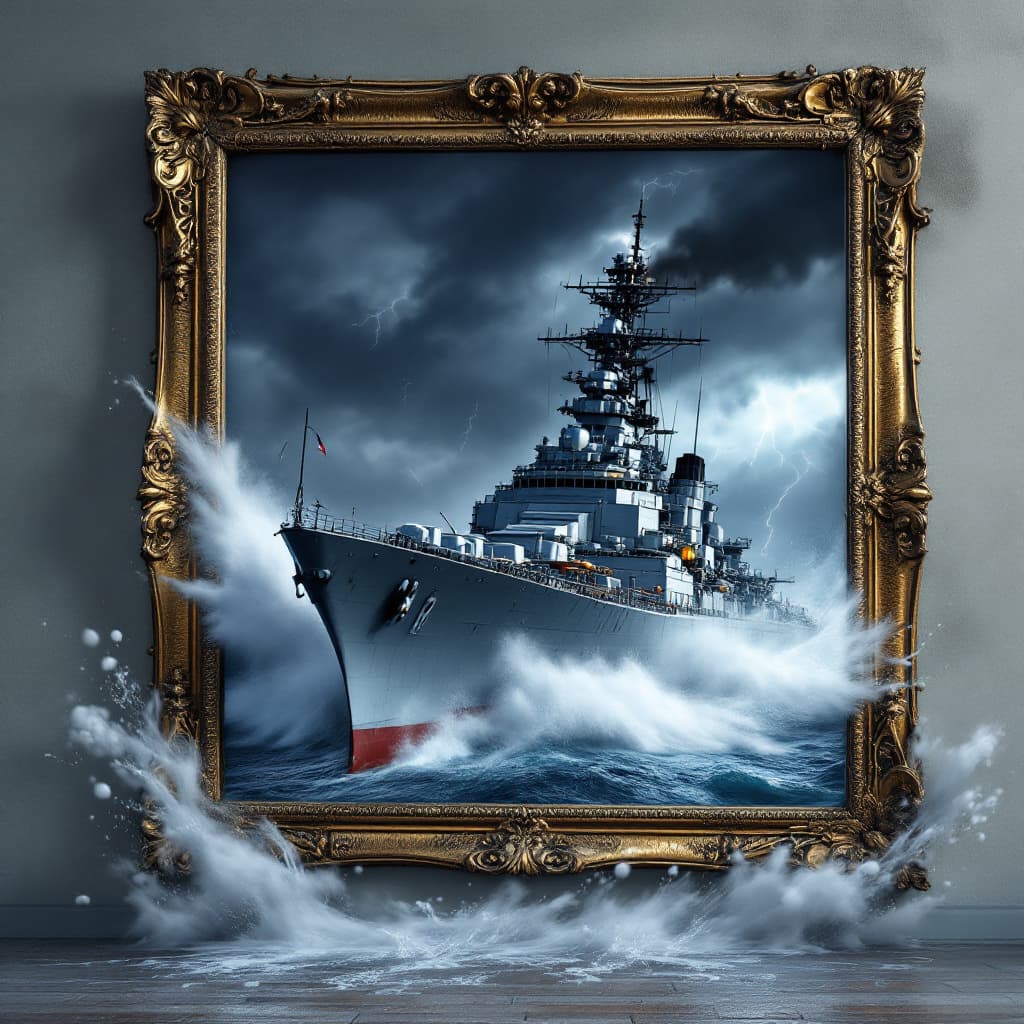 AI generated: A highly realistic 3D depiction of a massive, steel-gray warship bursting out of an ornate, rugged p...