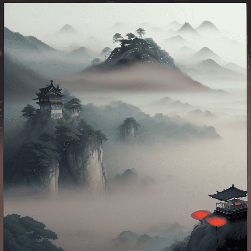 AI generated: Muted Chinese ink landscape, low clouds, trees on high rocks, rice paper texture, haze, splash paint...