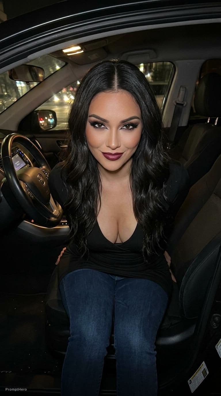 AI generated: Make her wear a décolleté dress and fit formous jeans, same hairstyle, sitting at night on a car sea...