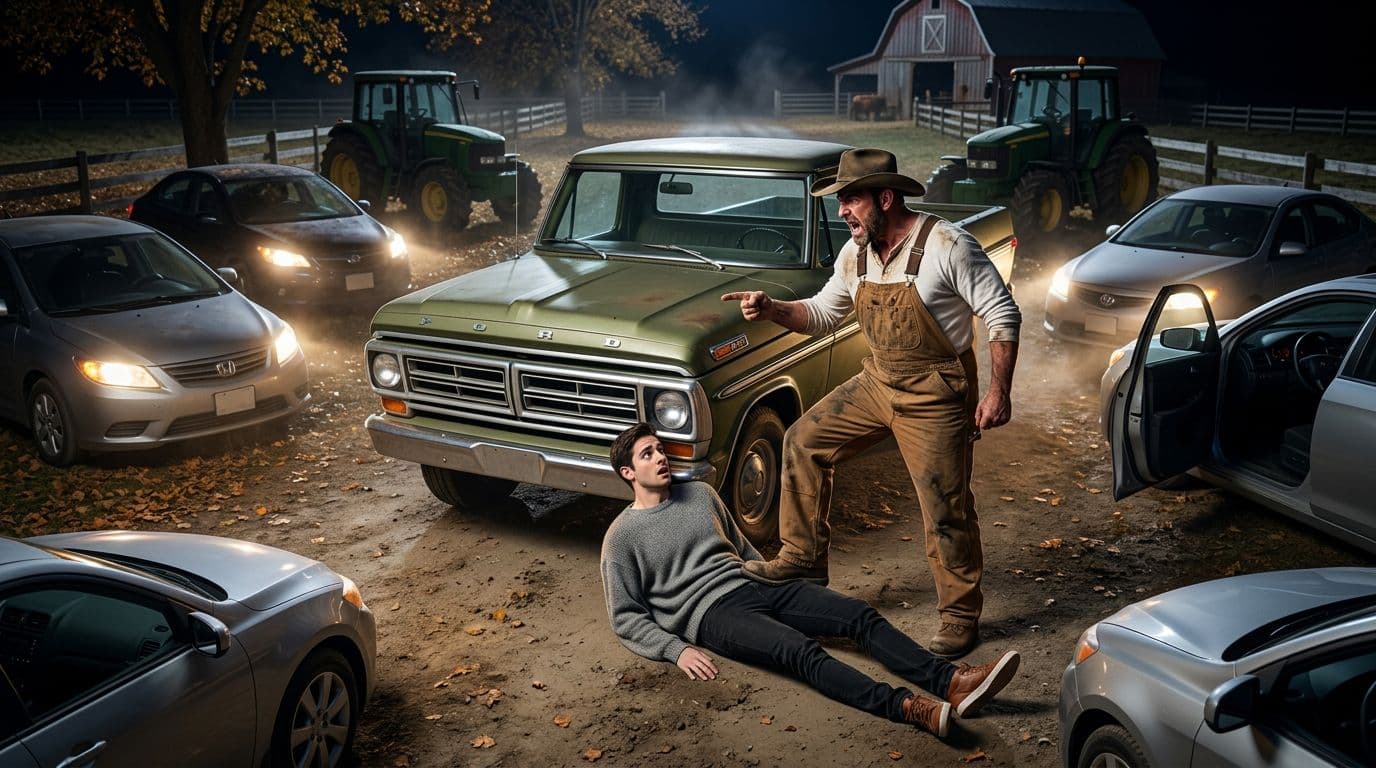 AI generated: In an Autumn night at a ranch. The large vintage olive green Ford pick up truck is parked between ni...