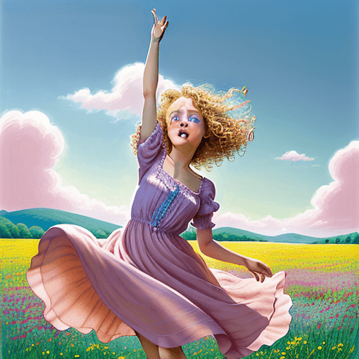 AI generated: a young girl with curly blonde hair and bright blue eyes, wearing a flowy pink silk dress, is dancin...