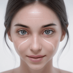 AI generated: young beautiful woman, smiling at camera, symmetrical face,   symmetrical eyes, white background, ex...