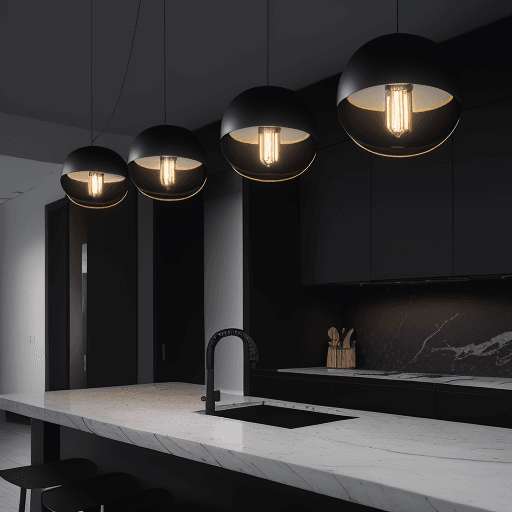 AI generated: modern kitchen, sleek matte black finishes, with a black steel and warm grey marble, EF 24mm f/1.4L ...