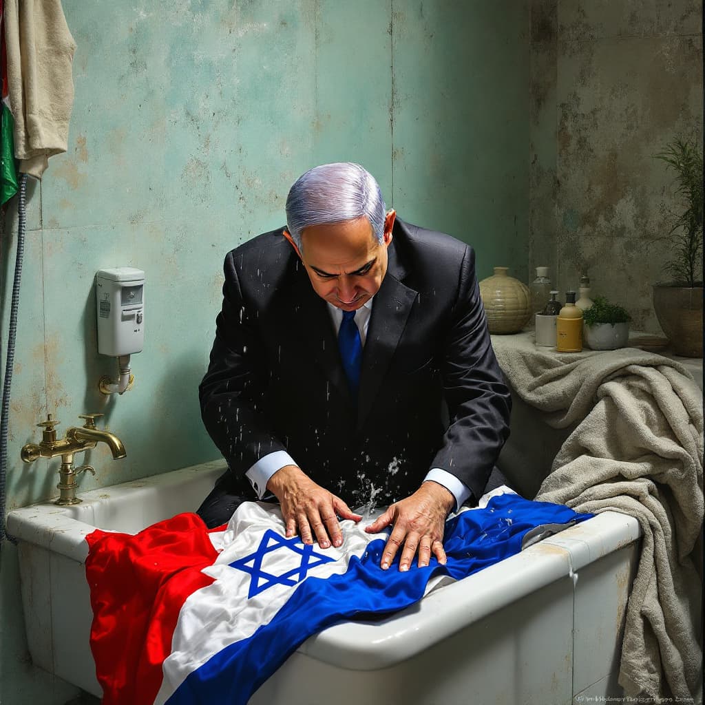 AI generated: Benjamín Netanyahu in a bathroom shitting on a Palestina flag