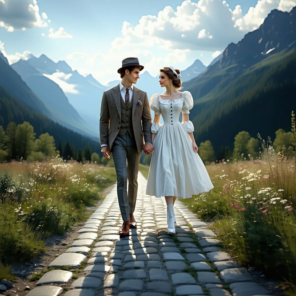 AI generated: A woman and a man walking side by side on a cobblestone path, holding hands. Detailed vintage clothi...