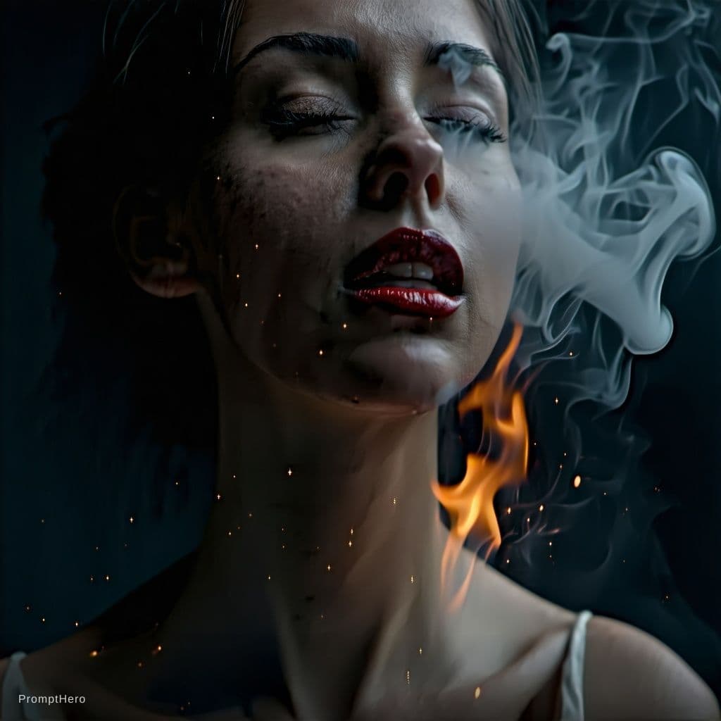 AI generated: photograph close up of a beautiful Caucasian woman from below, closed eyes, calm, burning, very intr...