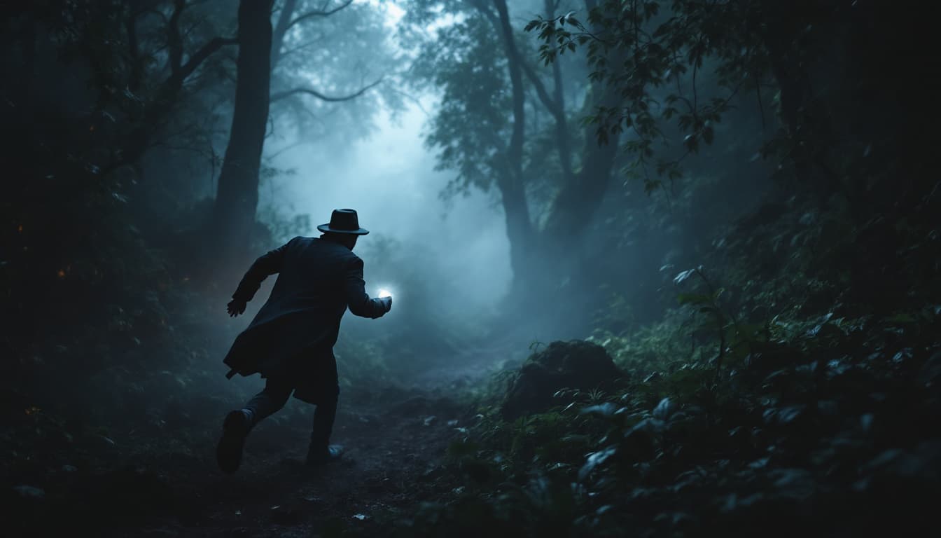 AI generated:  a man wearing black coat and hat running with a flash light in one hand towards  a deep jungle