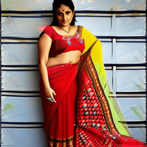 AI generated: Photo of a hot 35 age Indian mother,yellow saree,red sleeveless blouse,deep clevage,deep navel,cinem...