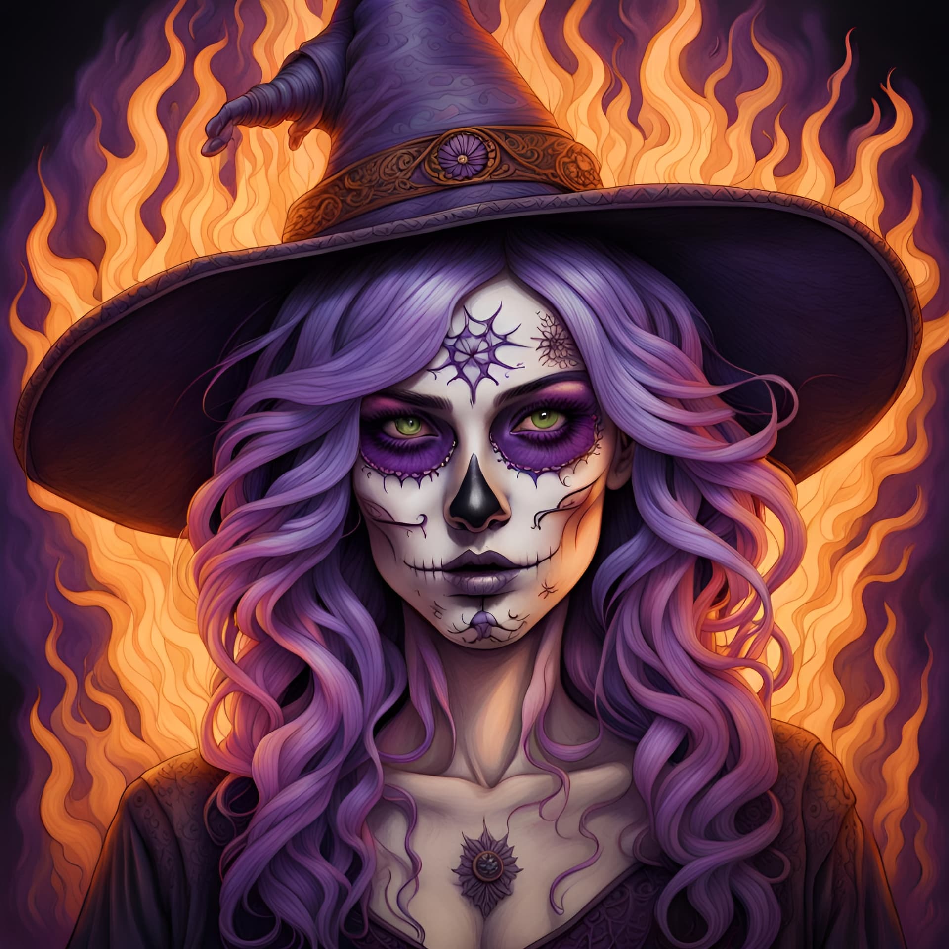 AI generated: an enchanting witch pyrography piece featuring a day-of-the-dead celebration illuminated by the ethe...
