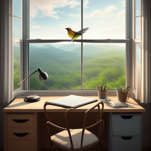 AI generated: 

realistic picture|beautiful heartwarming desk|window opening to a beautiful view by the desk|tiny ...
