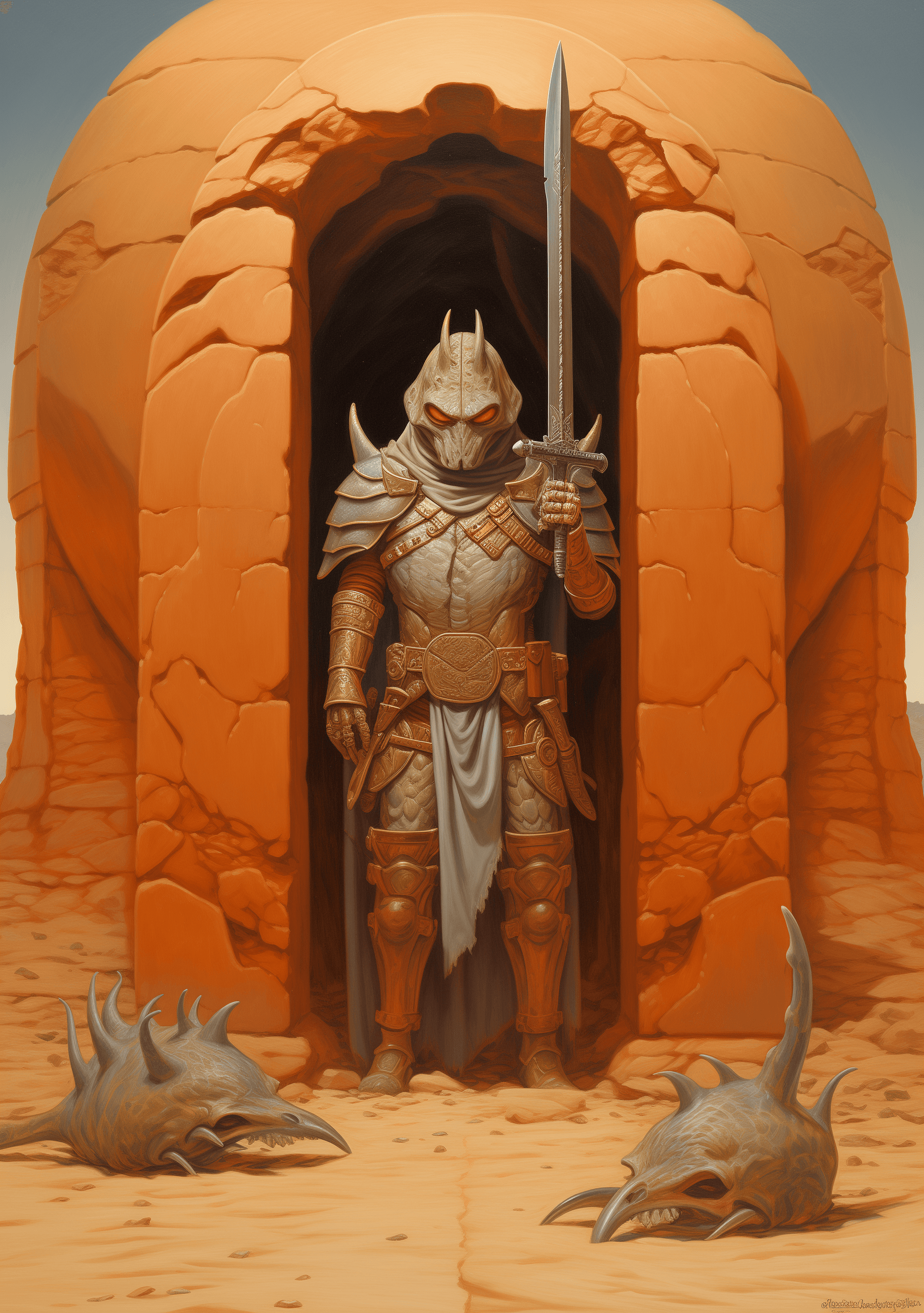 AI generated: A painting in the style of Michael Whelan of an anthropomorphic snake warrior in full armor standing...