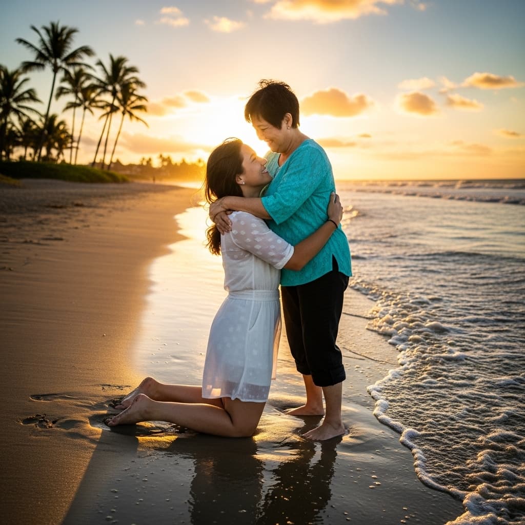 AI generated: A full body equivalent of two women: her, standing on one knee in the sand by the shore of the beach...