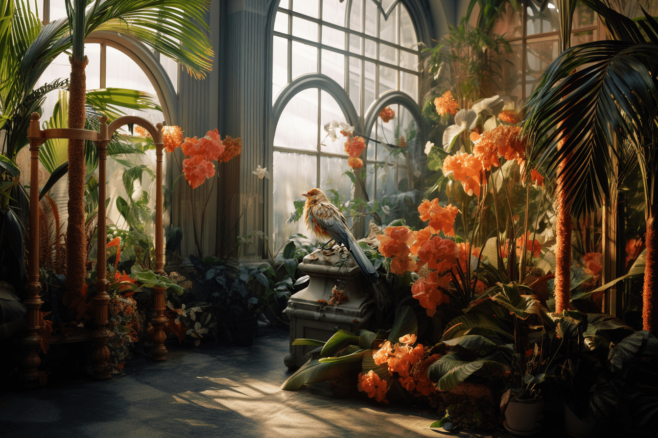 AI generated: sharp details, realistic film photography, rollei prego 90, philodendrons, bird wings with glistenin...