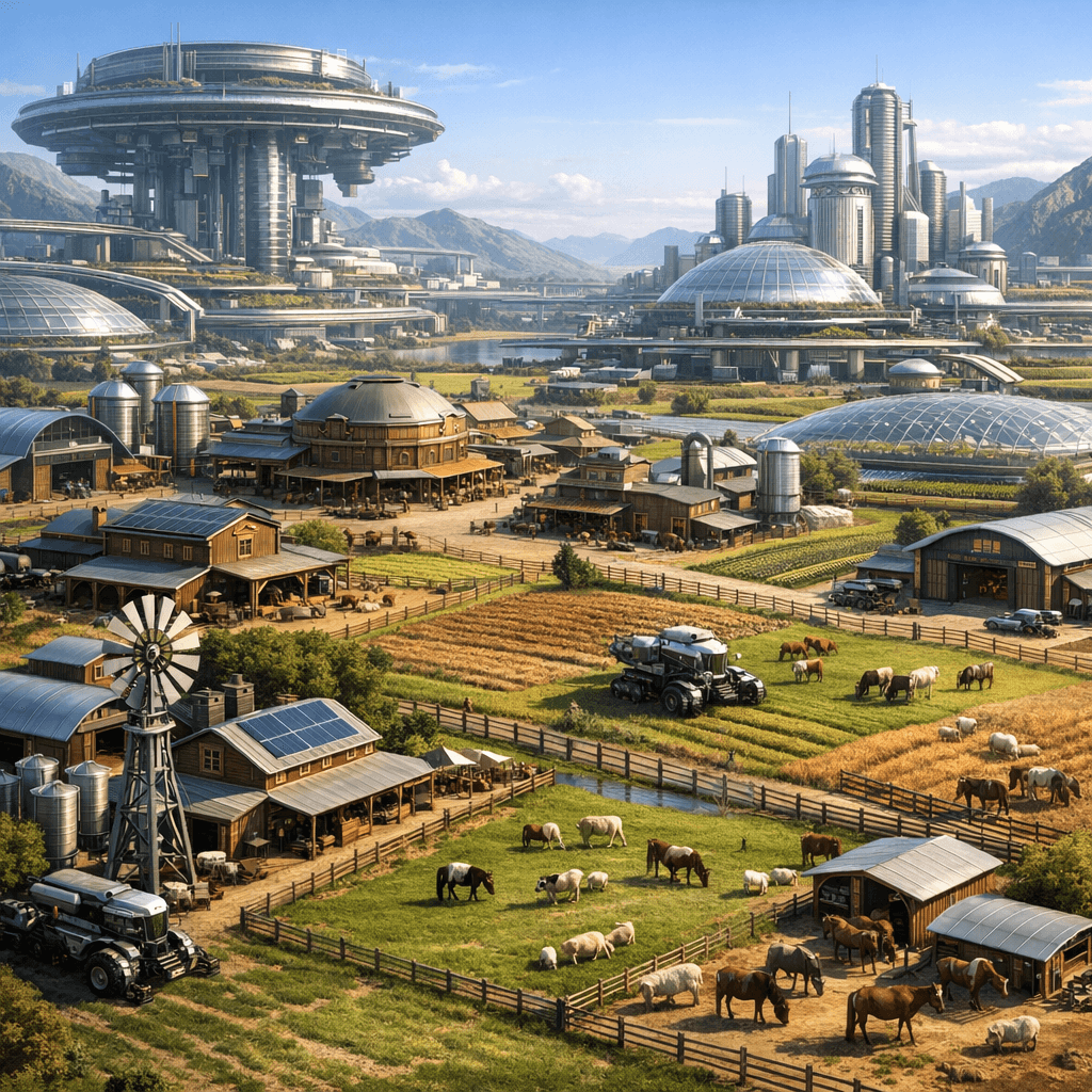 AI generated: Display an aerial view of a sleek, futuristic Old American Western Farming City, a reminder of the G...