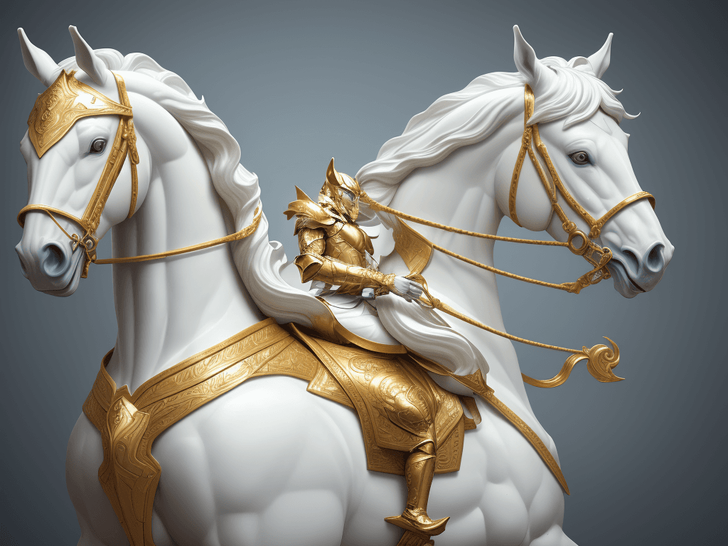 AI generated: a man in golden armor riding a horse made out of porcelain, in the style of balanced symmetry, white...