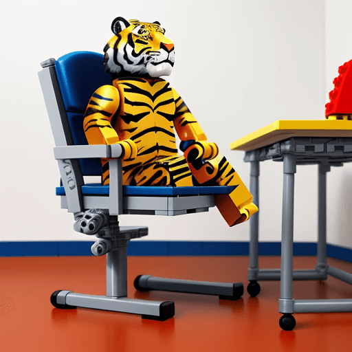 AI generated: a tiger sit on classroomchair all parts will be created by lego full body