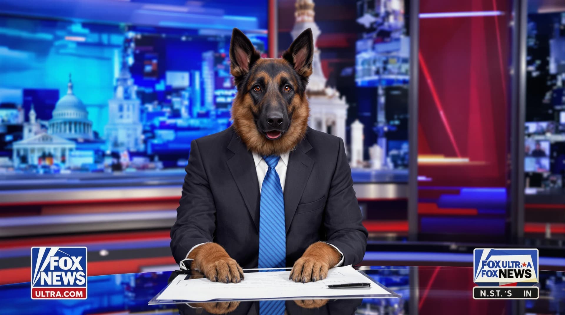 AI generated: German Shepard dog, wearing a blue tie, sitting at desk in news room, reporting the news, anchor man...