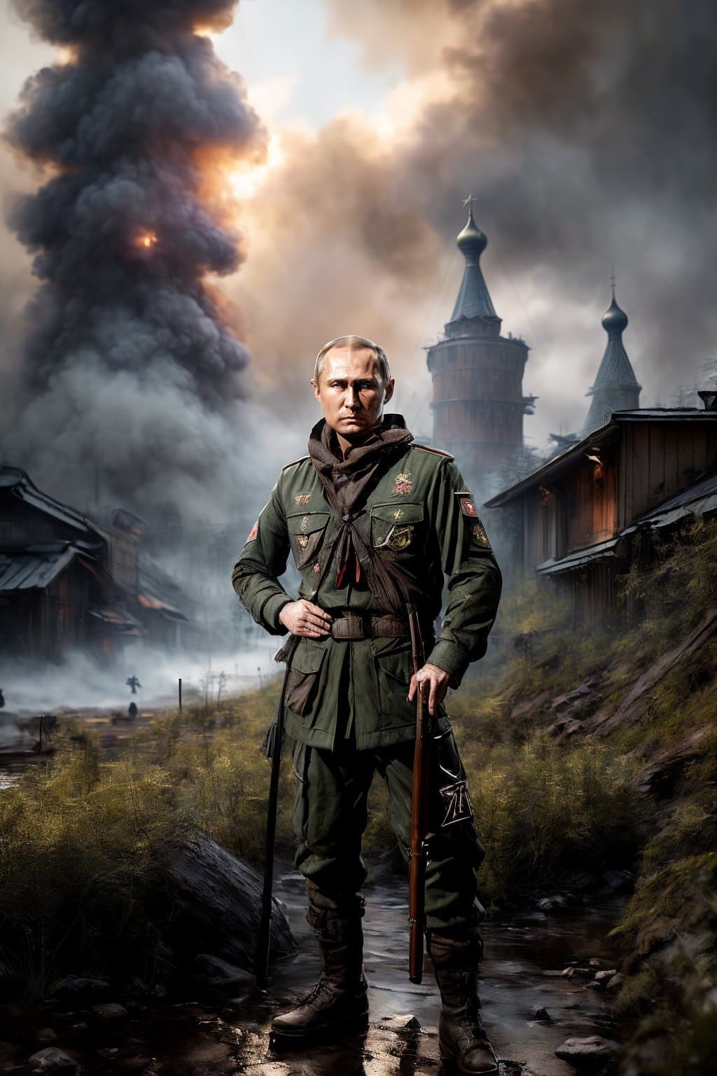 AI generated: A (russian modern Scout:1.4), (watching the enemy with his gun:1.2), Battlefield on the background, ...