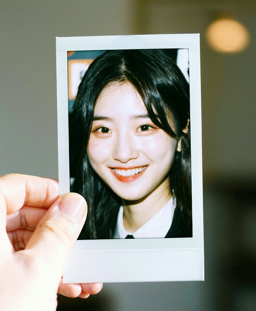AI generated: A photo of a polaroid picture in the hand of a woman that shows a beautiful, smiling Korean woman wi...