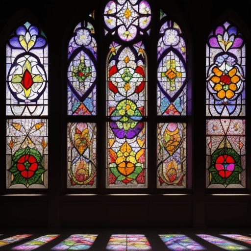 AI generated: Stained glass window featuring an array of vibrant flowers, arrangement appears randomly scattered b...