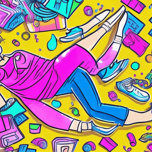 AI generated: Create a vibrant and fun icon featuring a joyful character lying on the floor, appearing exhausted y...