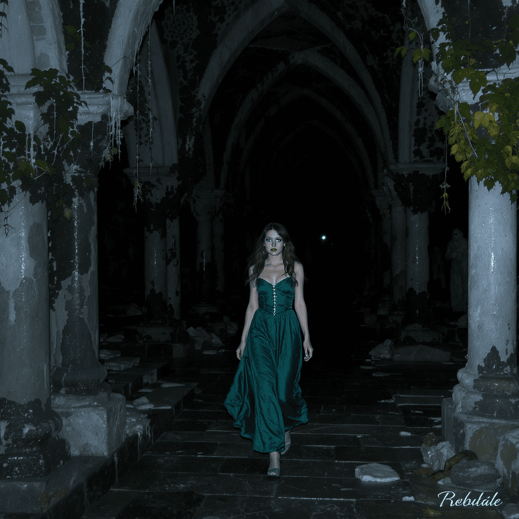AI generated: Uma jovem de cabelos ruivos ondulados e olhos azuis intensos, vestida com um vestido antigo de cetim...