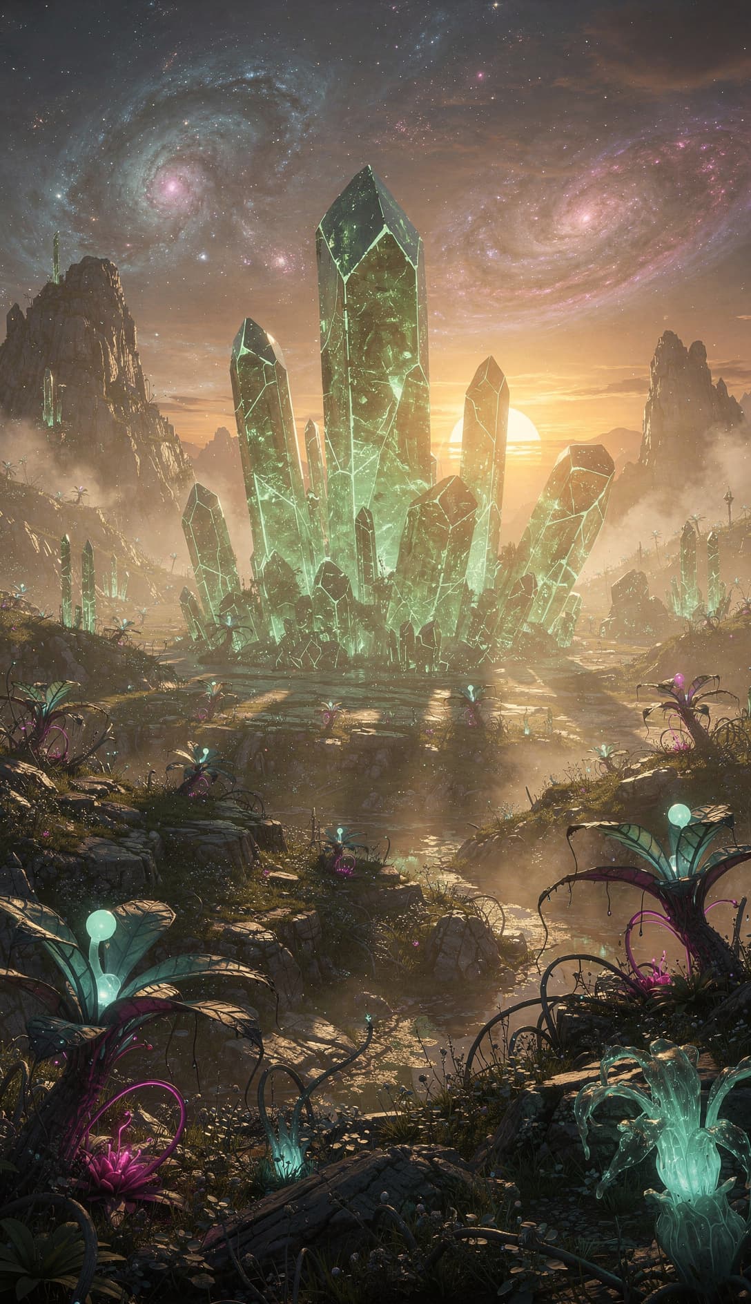 AI generated: Recreate the image mode into fantasy landscape, dynamic lights, glowing emerald, nebulas, sunset,,8k...