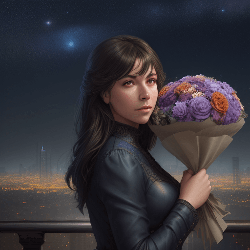 AI generated: background, beautiful flowers, (bouquet flowers:1.7), (night city in the background:1.1), (sky with ...